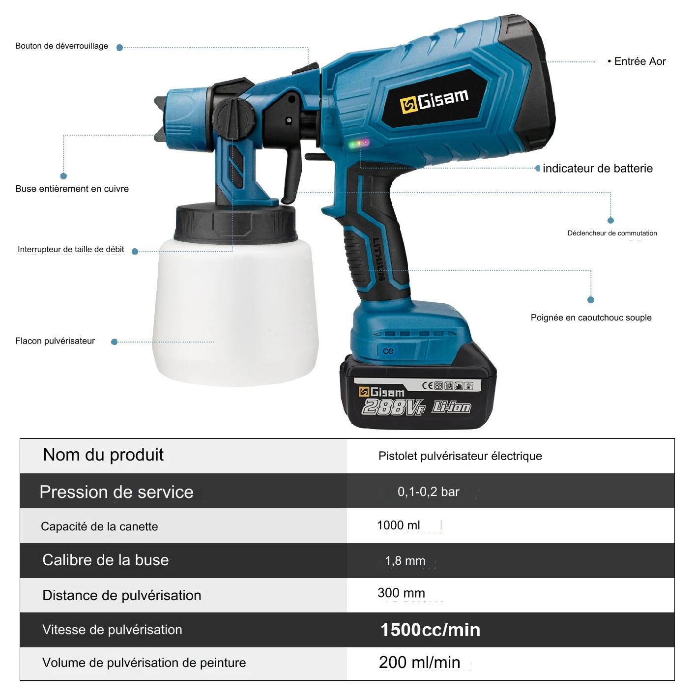 Pistolet à peinture-Sans fil avec réservoir de 1000l